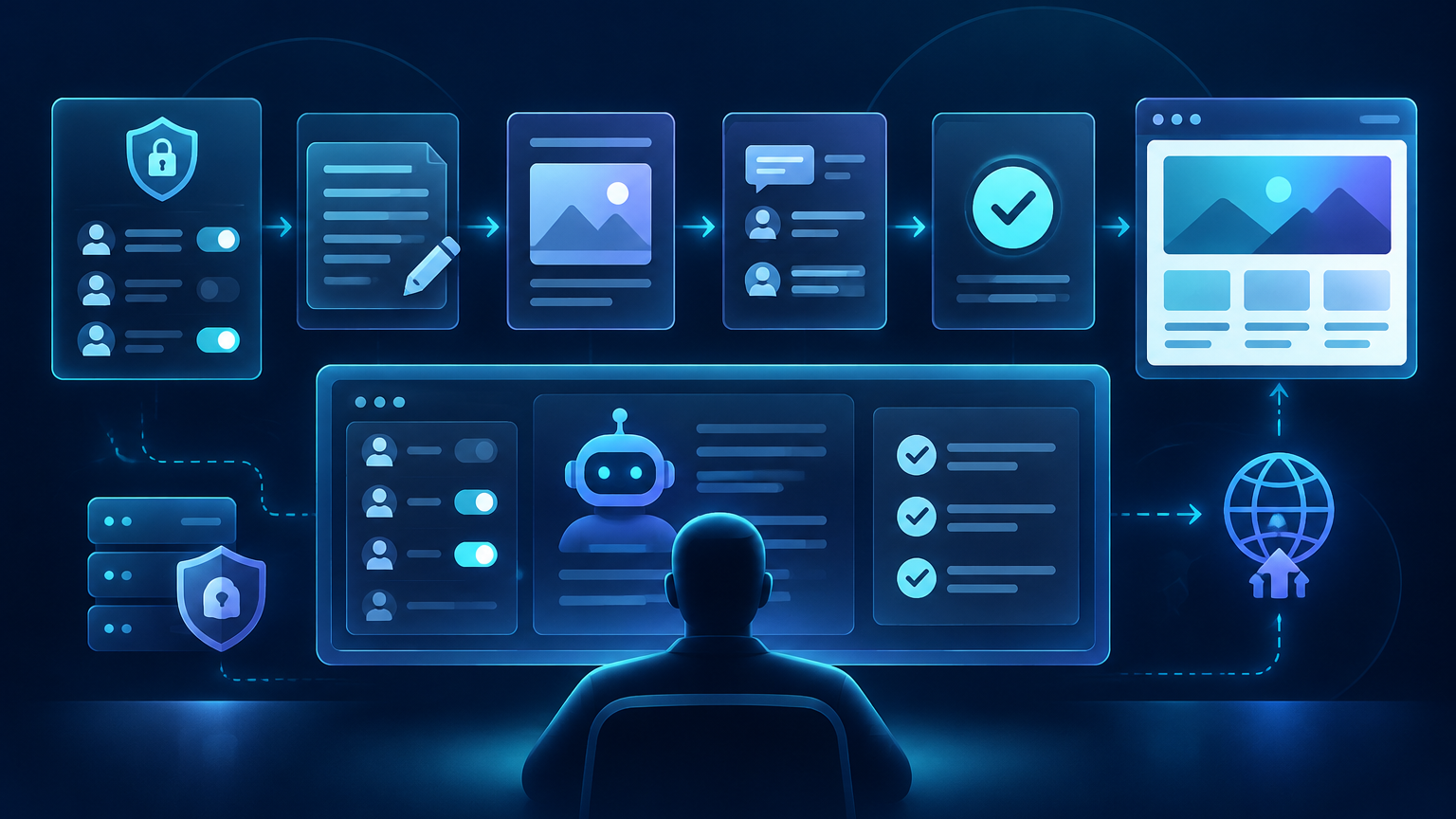 Abstract illustration of an administrator-controlled workflow with permissions, review and approval stages