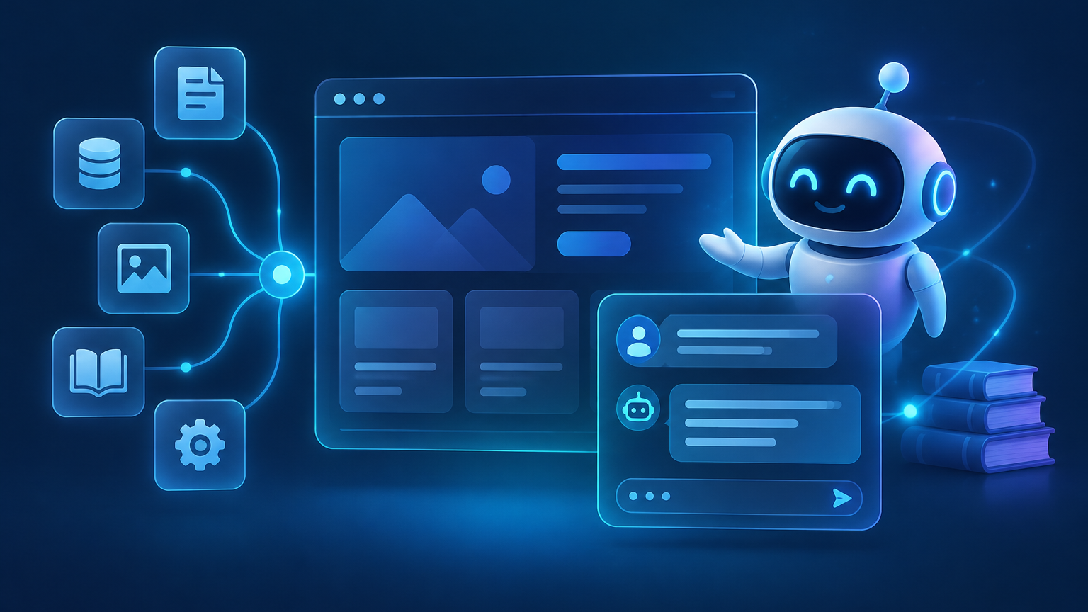 Abstract illustration representing Ask Adam connecting a WordPress website, site knowledge and AI assistance