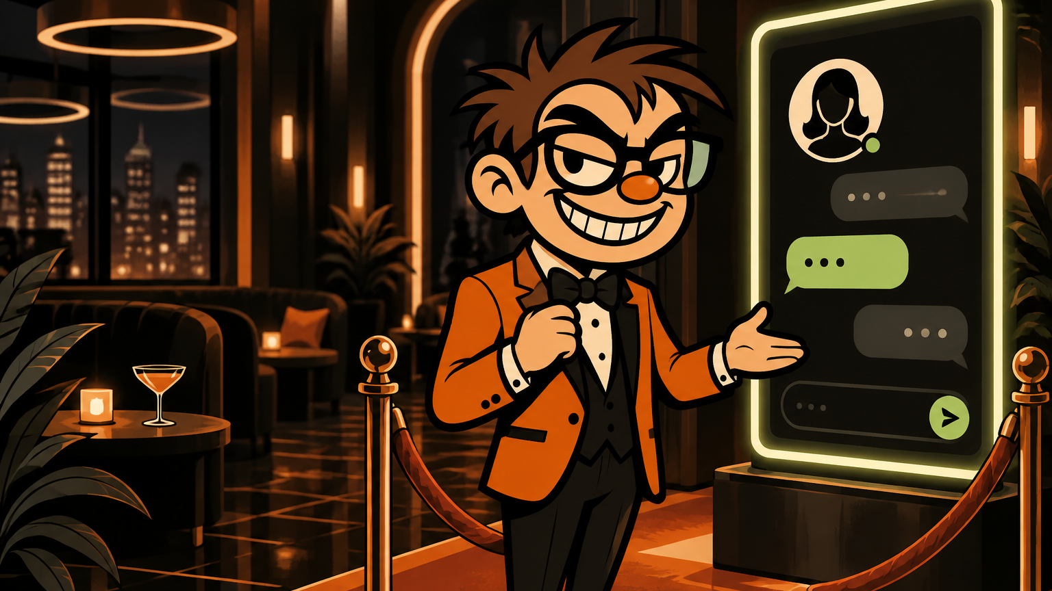 Alex beside a private chat interface in an upscale nightclub setting